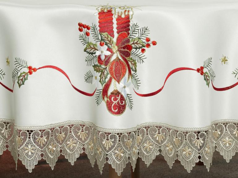 Toalha de Mesa Natal com Bordado Richelieu Redonda 180cm - Luz Natural - Dui Design