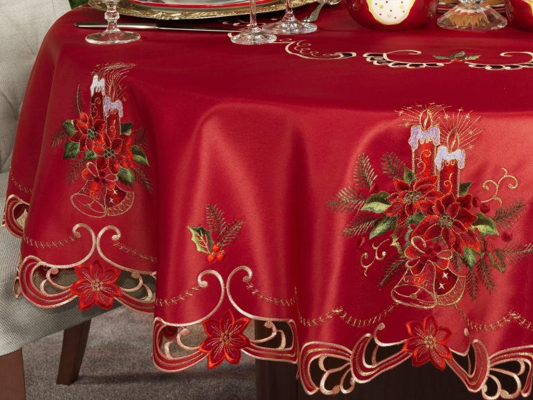 Toalha de Mesa Natal com Bordado Richelieu Redonda 175cm - Magia Vermelho - Dui Design