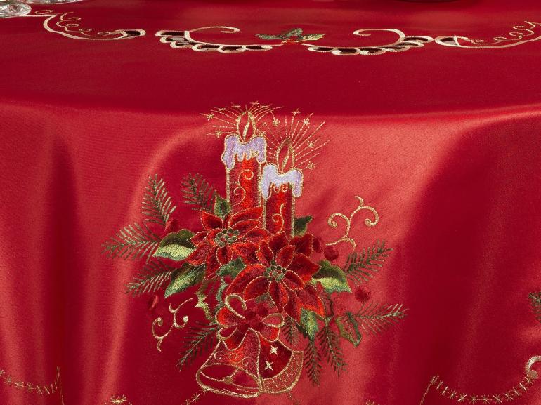 Toalha de Mesa Natal com Bordado Richelieu Redonda 175cm - Magia Vermelho - Dui Design