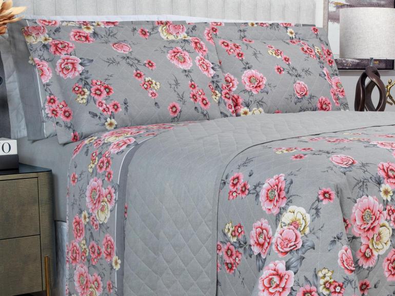 Kit: 1 Cobre-leito Casal + 2 Porta-travesseiros 150 fios - Maiara Cinza - Dui Design