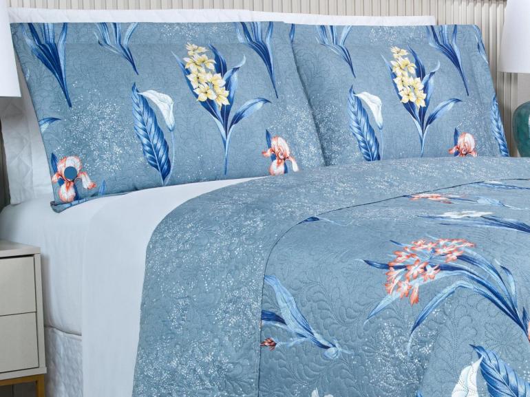 Kit: 1 Cobre-leito Queen Bouti de Microfibra Ultrasonic Estampada + 2 Porta-travesseiros - Malta Indigo - Dui Design