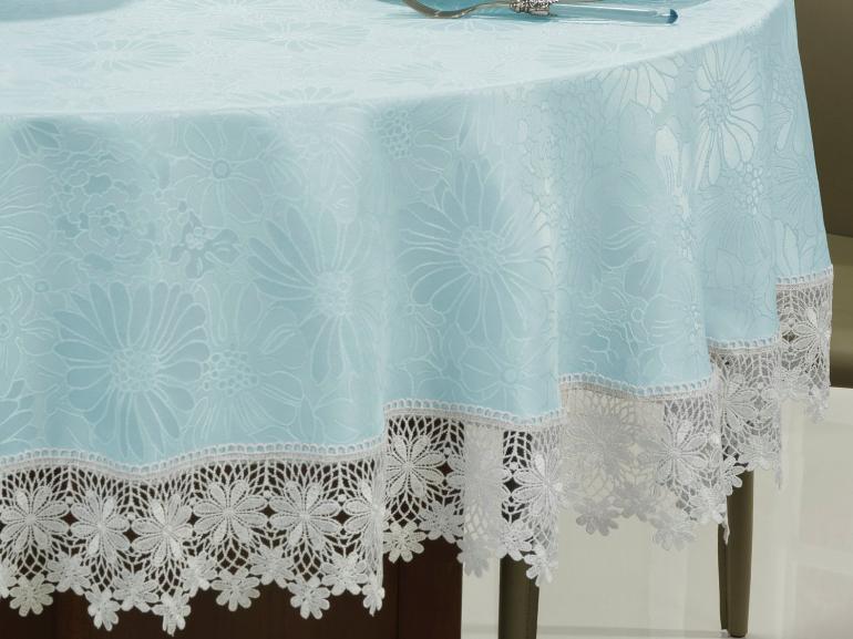 Toalha de Mesa com Bordado Guipir Fcil de Limpar Redonda 180cm - Margareth Azul e Branco - Dui Design