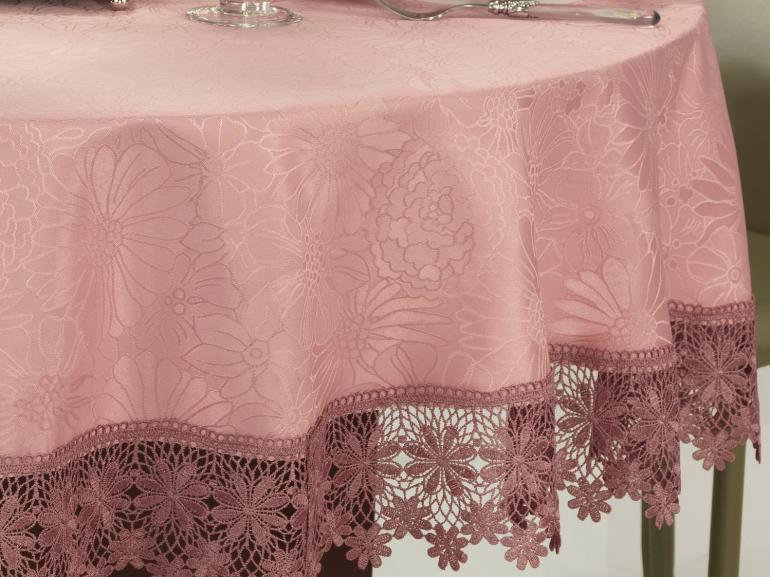 Toalha de Mesa com Bordado Guipir Fácil de Limpar Redonda 180cm - Margareth Rosa Velho - Dui Design