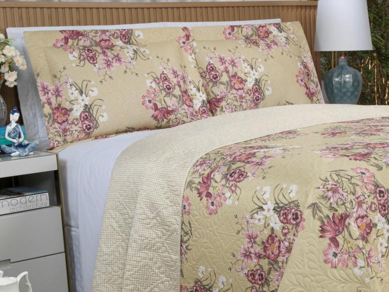 Kit: 1 Cobre-leito King Bouti de Microfibra Ultrasonic Estampada + 2 Porta-travesseiros - Marta Bege - Dui Design