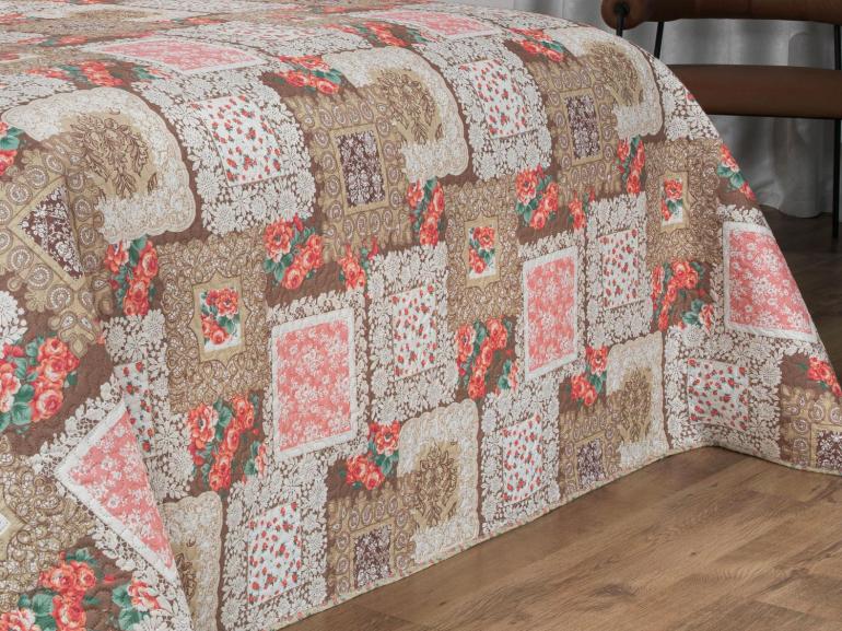 Kit: 1 Cobre-leito King Bouti de Microfibra Ultrasonic Estampada + 2 Porta-travesseiros - Mary Bege e Carmim - Dui Design