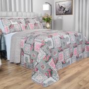 Kit: 1 Cobre-leito King Bouti de Microfibra Ultrasonic Estampada + 2 Porta-travesseiros - Mary Cinza e Rosa - Dui Design