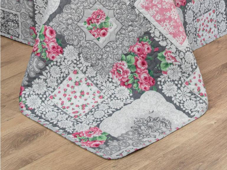 Kit: 1 Cobre-leito King Bouti de Microfibra Ultrasonic Estampada + 2 Porta-travesseiros - Mary Cinza e Rosa - Dui Design