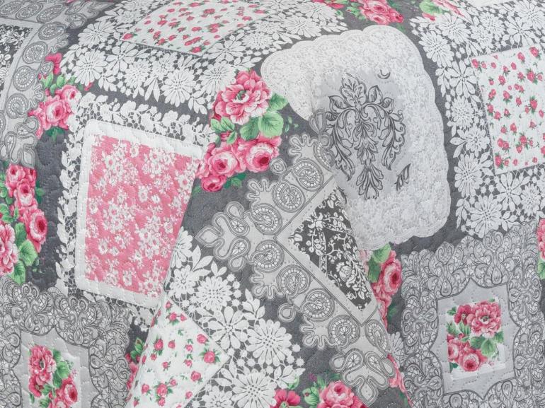 Kit: 1 Cobre-leito King Bouti de Microfibra Ultrasonic Estampada + 2 Porta-travesseiros - Mary Cinza e Rosa - Dui Design