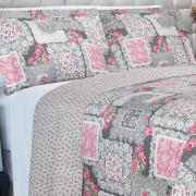 Kit: 1 Cobre-leito King Bouti de Microfibra Ultrasonic Estampada + 2 Porta-travesseiros - Mary Cinza e Rosa - Dui Design