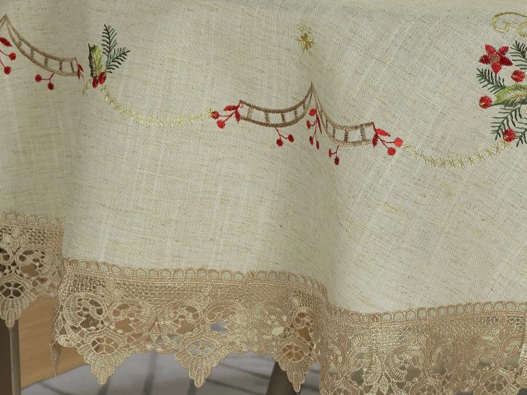 Toalha de Mesa Natal de Linho com Bordado Richelieu Redonda 180cm - Melodia Bege - Dui Design
