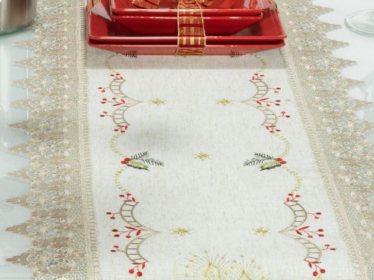 Trilho de Mesa Natal de Linho com Bordado Richelieu 45x170cm Avulso - Melodia Bege - Dui Design
