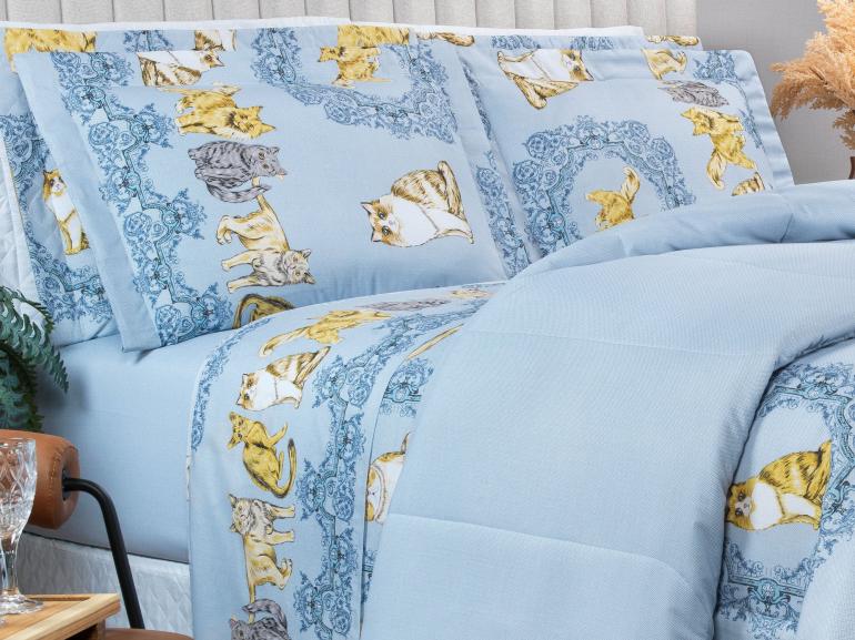 Edredom Casal 150 fios - Mister Cat Azul - Dui Design