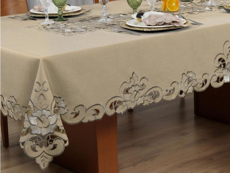 Toalha de Mesa com Bordado Richelieu Quadrada 8 Lugares 220x220cm - Monalisa Bege - Dui Design