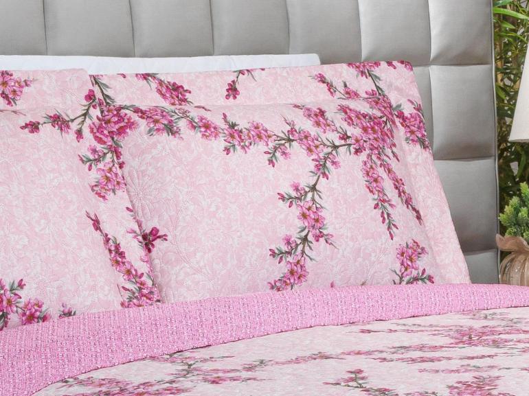 Kit: 1 Cobre-leito King Bouti de Microfibra Ultrasonic Estampada + 2 Porta-travesseiros - Naomi Rosa - Dui Design