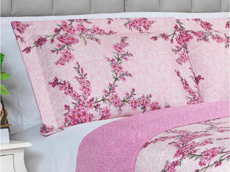 Kit: 1 Cobre-leito King Bouti de Microfibra Ultrasonic Estampada + 2 Porta-travesseiros - Naomi Rosa - Dui Design