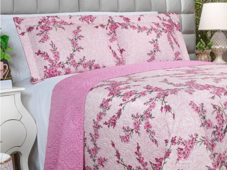 Kit: 1 Cobre-leito King Bouti de Microfibra Ultrasonic Estampada + 2 Porta-travesseiros - Naomi Rosa - Dui Design