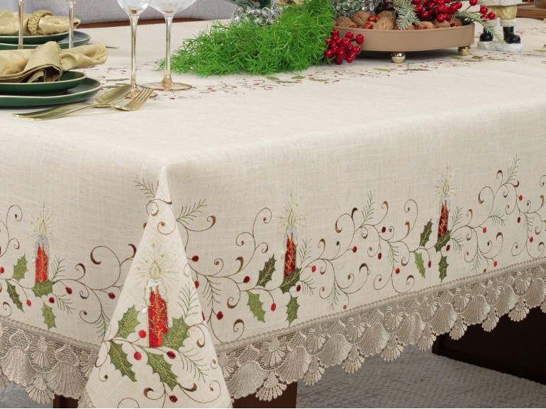 Toalha de Mesa Natal com Bordado Richelieu Retangular 6 Lugares