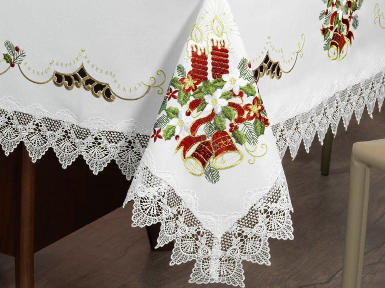 Toalha de Mesa Natal com Bordado Richelieu Quadrada 8 Lugares 220x220cm - Navidad Branco - Dui Design