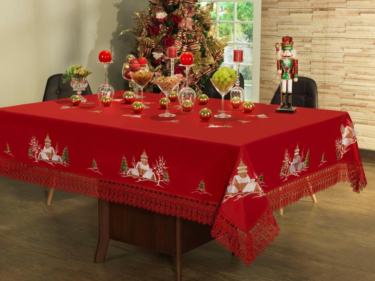 Toalha de Mesa Natal com Bordado Richelieu Quadrada 4 Lugares 160x160cm -  Navidad Vermelho - Dui Design | Vida e Cor