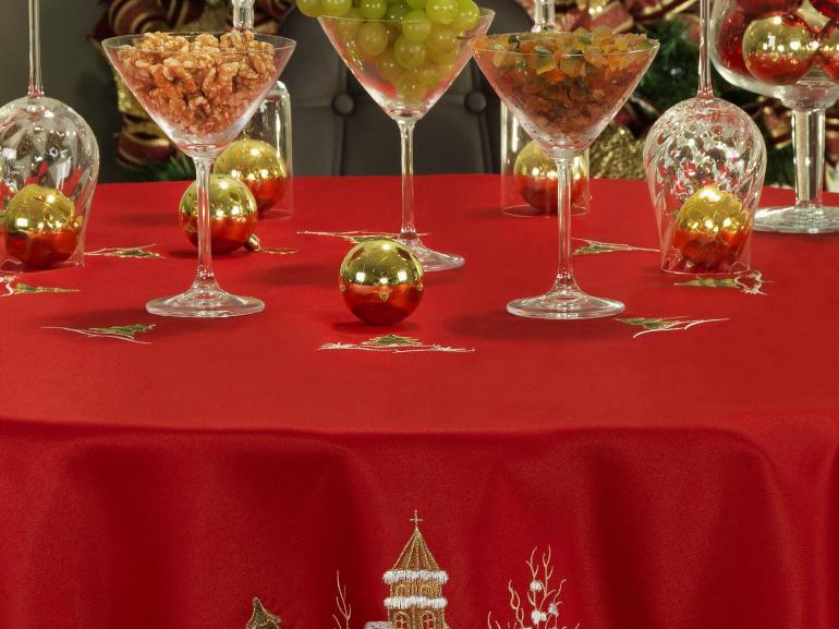 Toalha de Mesa Natal com Bordado Richelieu Redonda 180cm - Navidad Vermelho - Dui Design