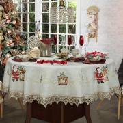 Toalha de Mesa Natal de Linho com Bordado Richelieu Redonda 180cm - Nicolau Bege - Dui Design