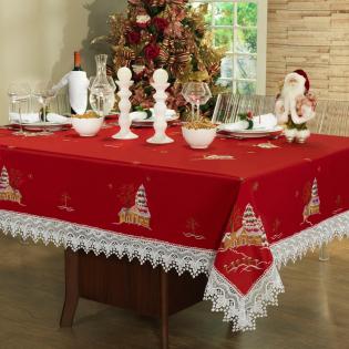 Toalha de Mesa Natal com Bordado Richelieu Quadrada 8 Lugares 220x220cm -  Noeli Vermelho - Dui Design | Vida e Cor