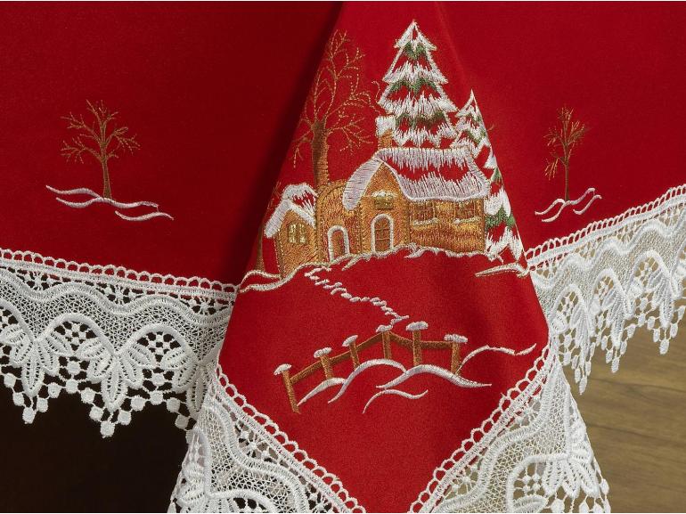 Toalha de Mesa Natal com Bordado Richelieu Quadrada 4 Lugares 160x160cm -  Noeli Vermelho - Dui Design | Vida e Cor