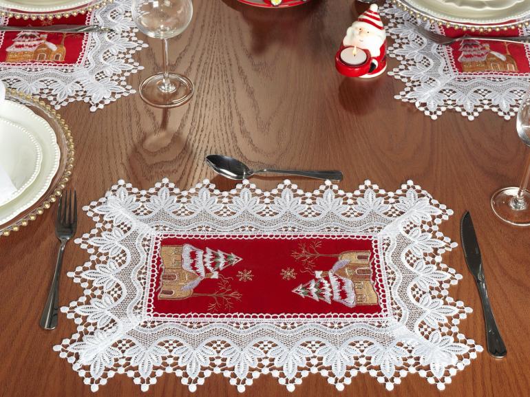 Jogo Americano Natal 4 Lugares (4 peas) com Bordado Richelieu 35x50cm - Noeli Vermelho - Dui Design