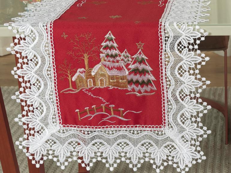 Trilho de Mesa Natal com Bordado Richelieu 45x170cm Avulso - Noeli Vermelho - Dui Design