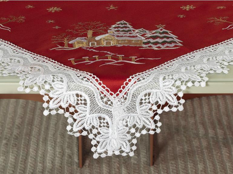 Centro de Mesa Natal Quadrado com Bordado Richelieu 85x85cm - Noeli Vermelho - Dui Design