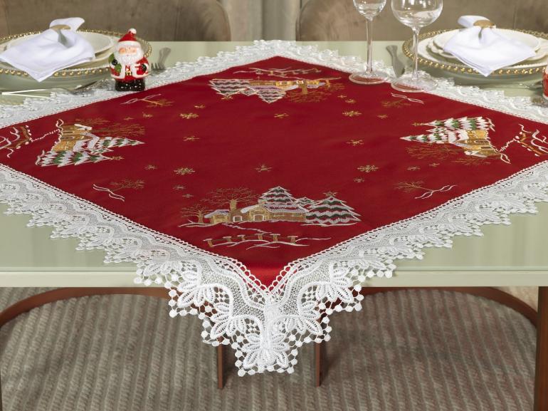 Centro de Mesa Natal Quadrado com Bordado Richelieu 85x85cm - Noeli Vermelho - Dui Design