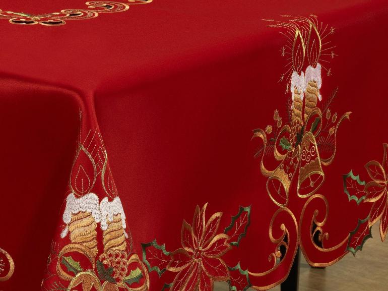 Toalha de Mesa Natal com Bordado Richelieu Quadrada 4 Lugares 160x160cm - Noite Feliz Vermelho - Dui Design