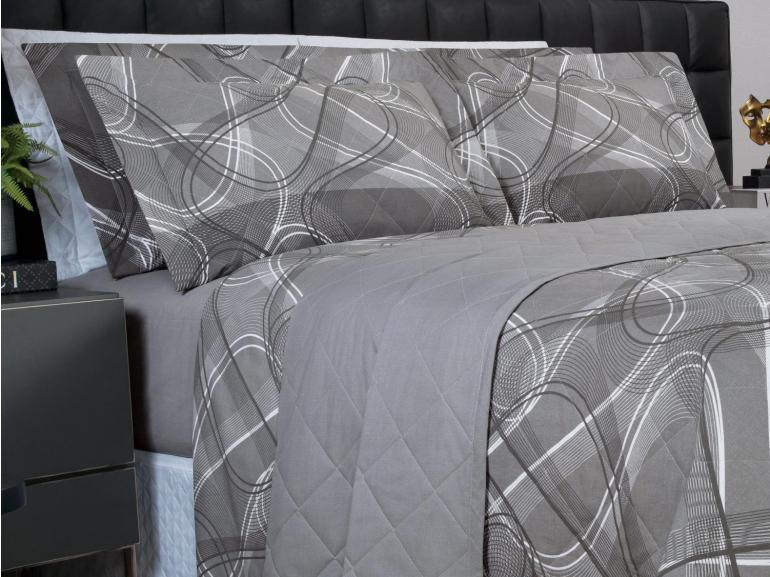 Kit: 1 Cobre-leito King + 2 Porta-travesseiros Percal 200 fios - Normani Cinza - Dui Design