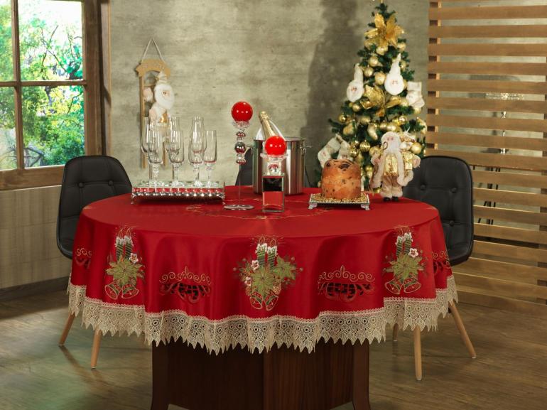 Toalha de Mesa Natal com Bordado Richelieu Redonda 180cm - Nostalgia Vermelho - Dui Design