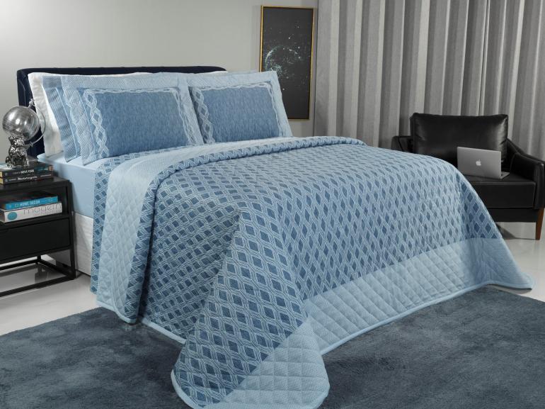 Kit: 1 Cobre-leito Queen + 2 porta-travesseiros Cetim 300 fios - Notorious Azul - Dui Design