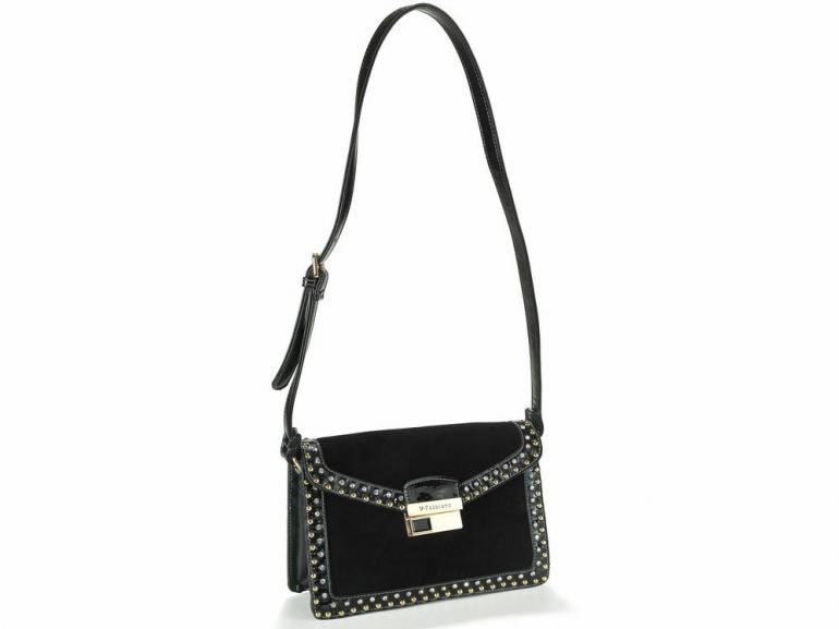 Bolsa Lateral com Detalhes em Couro Natural - Onix Preto - Velina Fabbiano