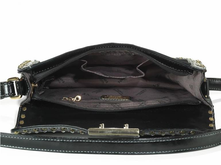 Bolsa Lateral com Detalhes em Couro Natural - Onix Preto - Velina Fabbiano