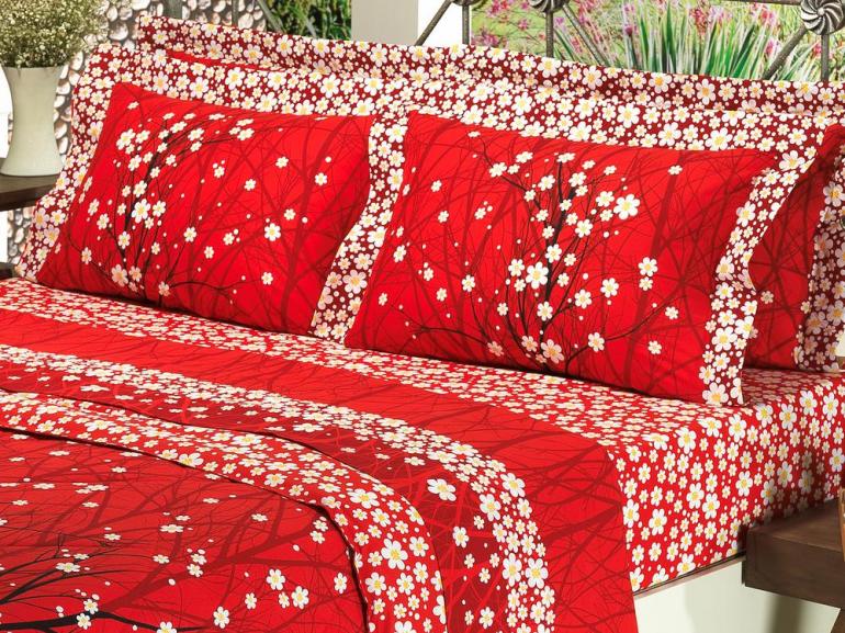 Kit: 1 Cobre-leito Casal + 2 Portas-travesseiro 150 fios 100% Algodo - Orient Vermelho - Dui Design