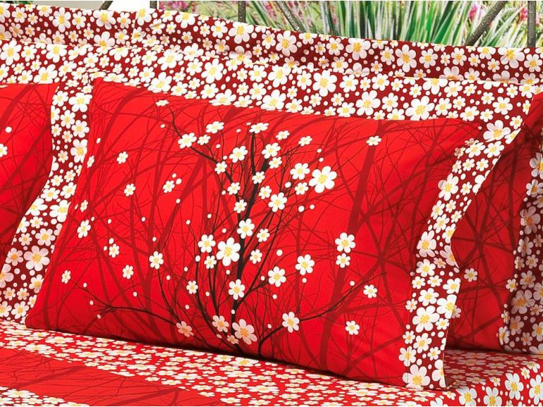 Kit: 1 Cobre-leito Solteiro + 1 Porta-travesseiro 150 fios 100% Algodo - Orient Vermelho - Dui Design