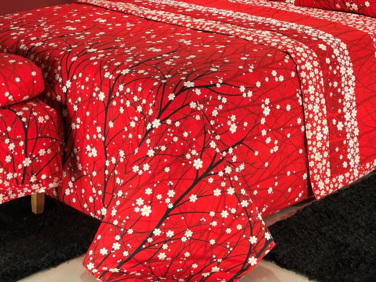 Kit: 1 Cobre-leito Queen + 2 Portas-travesseiro 150 fios 100% Algodo - Orient Vermelho - Dui Design