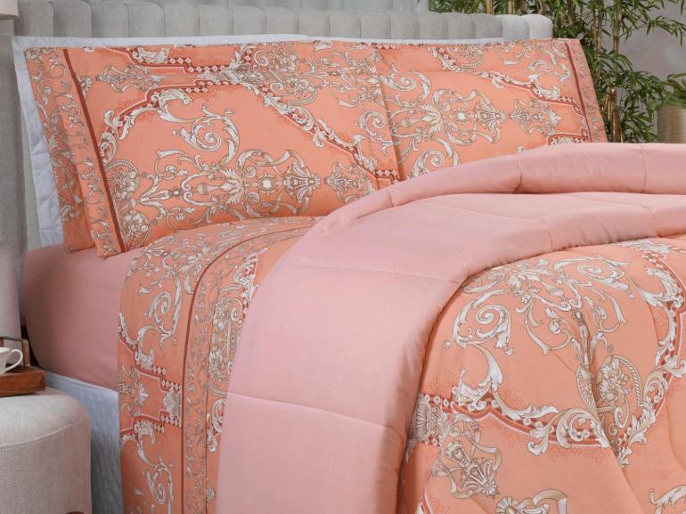 Enxoval King com Edredom 5 pe�as 150 fios - Ornato Terracota - Dui Design