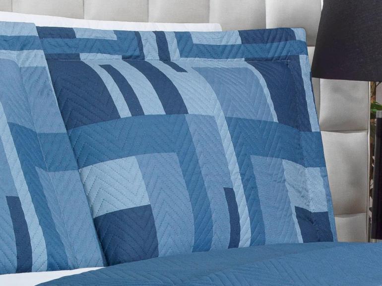 Kit: 1 Cobre-leito King Bouti de Microfibra Ultrasonic Estampada + 2 Porta-travesseiros - Oslo Indigo - Dui Design