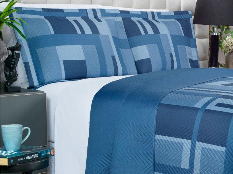 Kit: 1 Cobre-leito King Bouti de Microfibra Ultrasonic Estampada + 2 Porta-travesseiros - Oslo Indigo - Dui Design