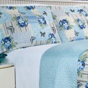 Kit: 1 Cobre-leito Queen Bouti de Microfibra Ultrasonic Estampada + 2 Porta-travesseiros - Paloma Azul - Dui Design