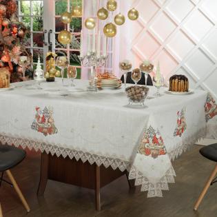 Toalha de Mesa Natal de Linho com Bordado Richelieu Retangular 6 Lugares  160x220cm - Papai Noel Bege - Dui Design | Vida e Cor