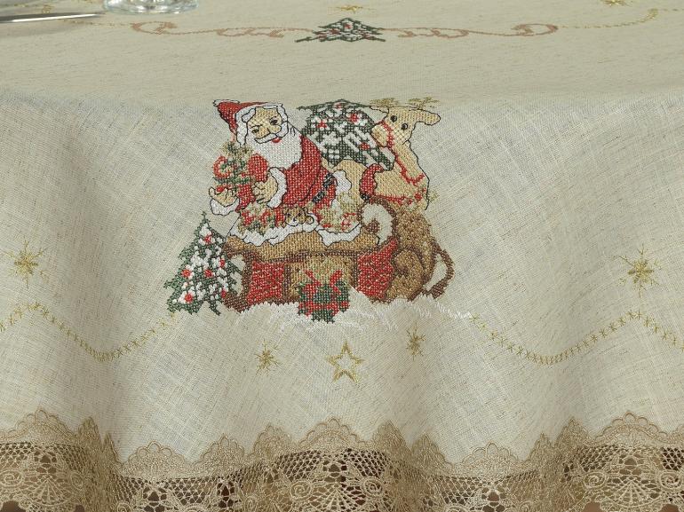 Toalha de Mesa Natal de Linho com Bordado Richelieu Redonda 180cm - Papai Noel Bege - Dui Design