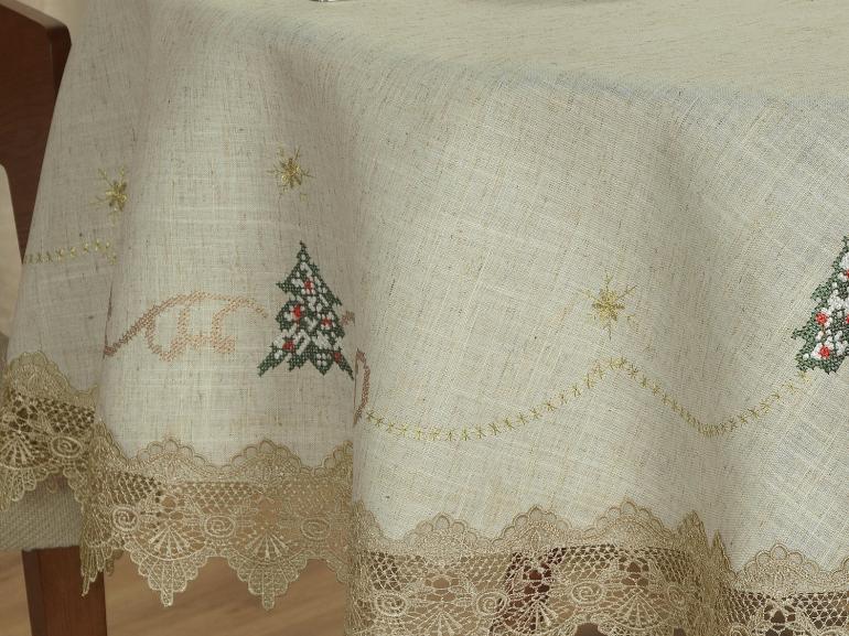Toalha de Mesa Natal de Linho com Bordado Richelieu Redonda 180cm - Papai Noel Bege - Dui Design