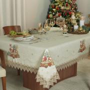 Toalha de Mesa Natal de Linho com Bordado Richelieu Quadrada 4 Lugares 160x160cm - Papai Noel Bege - Dui Design