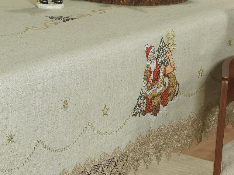 Toalha de Mesa Natal de Linho com Bordado Richelieu Quadrada 4 Lugares 160x160cm - Papai Noel Bege - Dui Design