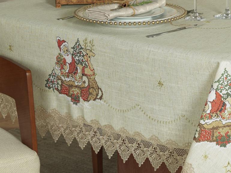 Toalha de Mesa Natal de Linho com Bordado Richelieu Retangular 8 Lugares 160x270cm - Papai Noel Bege - Dui Design